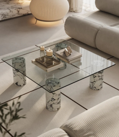 Bahoo Punto Viola Glass Top Square Coffee Table with Marble Pillars