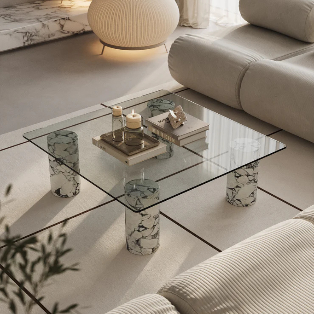 Bahoo Punto Viola Glass Top Square Coffee Table with Marble Pillars