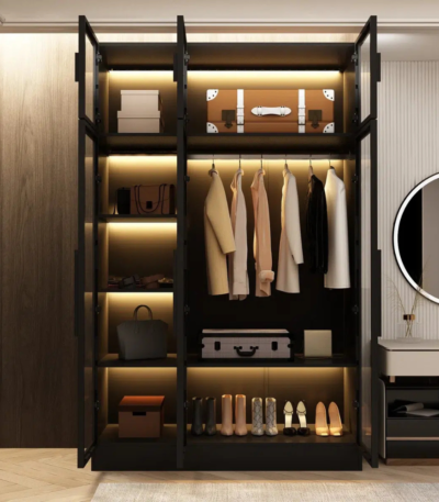 Bahoo Lumini 6-door luxury glass wardrobe with integrated intelligent lighting, modern bedroom furniture UAE.