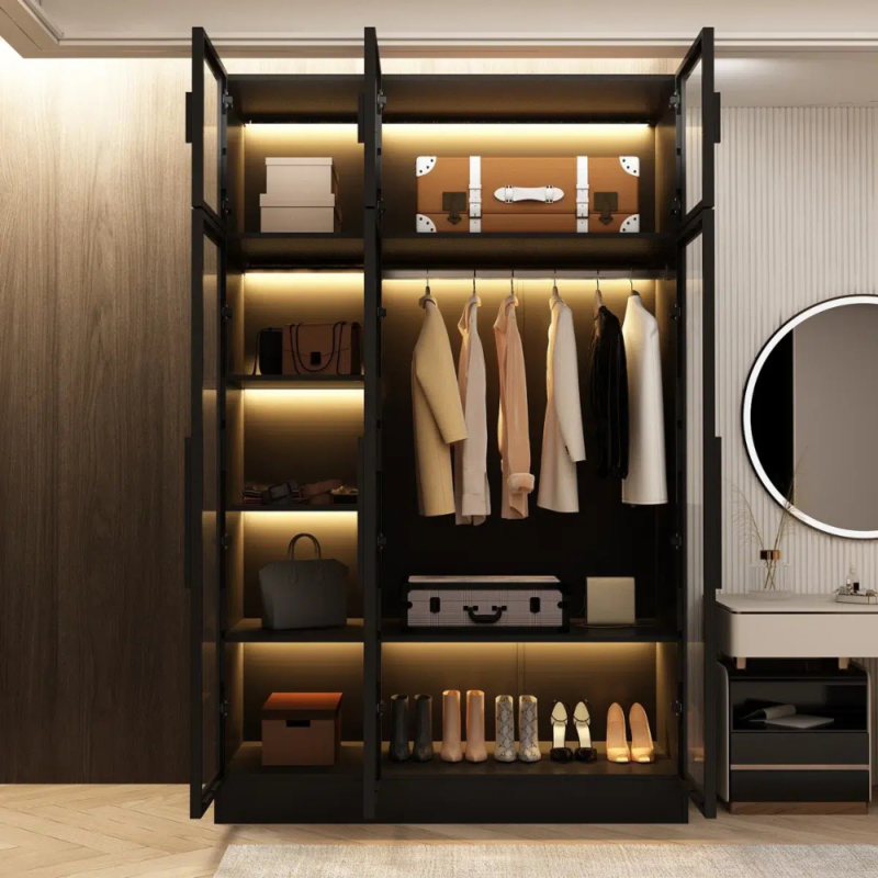 Bahoo Lumini 6-door luxury glass wardrobe with integrated intelligent lighting, modern bedroom furniture UAE.