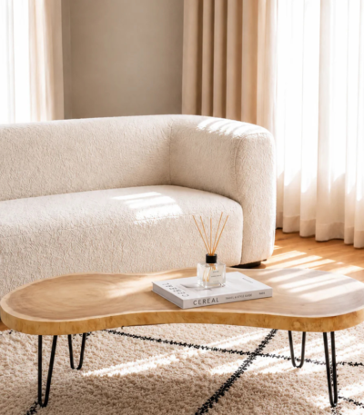 Bahoo Calvero Live Edge Teak Wood Coffee Table with Minimalist Metal Legs for modern UAE home interiors.