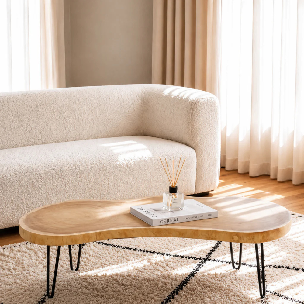 Bahoo Calvero Live Edge Teak Wood Coffee Table with Minimalist Metal Legs for modern UAE home interiors.