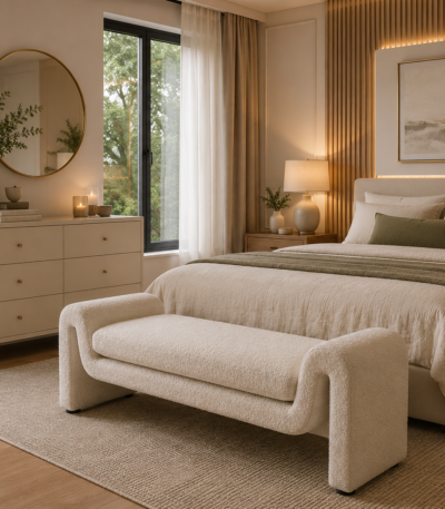 Sculptural Loop Bouclé Accent Bench in white textured fabric for modern UAE home interiors