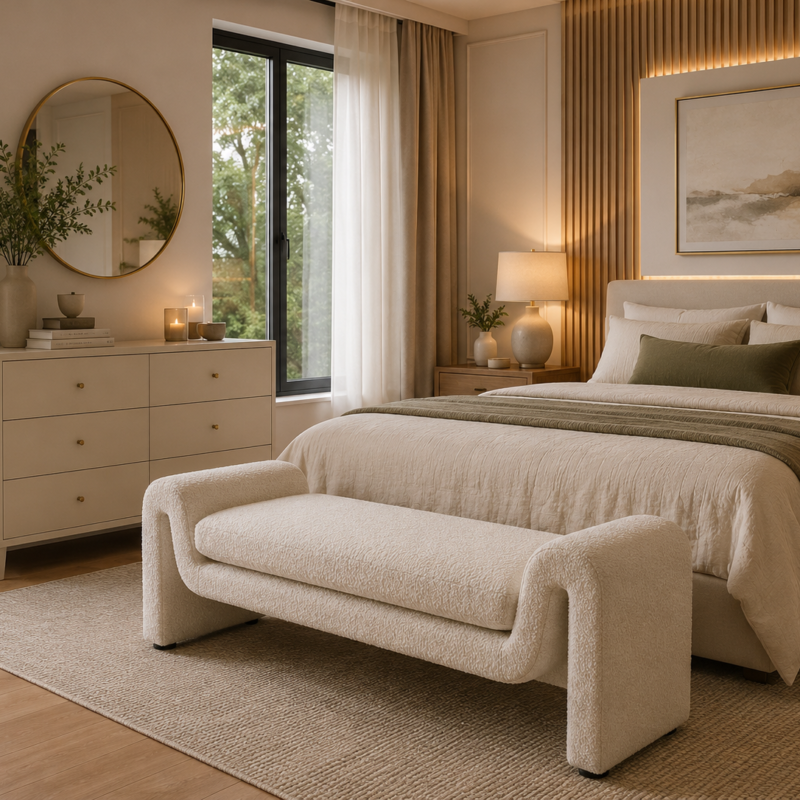 Sculptural Loop Bouclé Accent Bench in white textured fabric for modern UAE home interiors