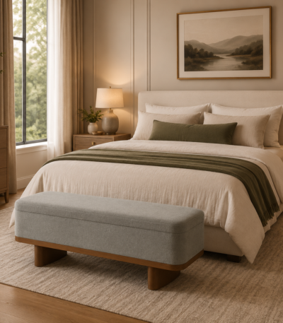 Aura Minimalist Boucle Storage Bench with textured fabric and hidden storage for modern UAE home interiors.