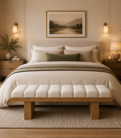 Axis Boucle Tufted Bench featuring cream boucle fabric and tufted detailing for modern UAE interior design