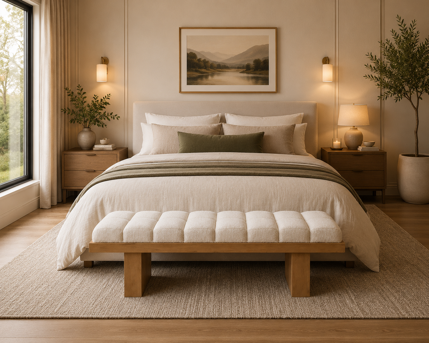 ChatGPT Image Jul 5, 2026, 12_20_40 PM Axis Boucle Tufted Bench featuring cream boucle fabric and tufted detailing for modern UAE interior design