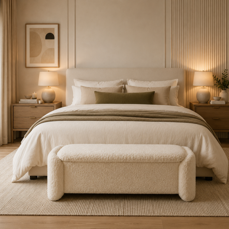 Noir Bouclé Upholstered Bench with Hidden Storage and Rounded Edges by Bahoo Interior UAE