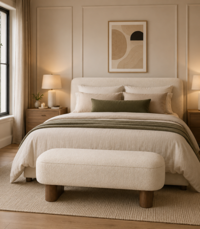 Preslay Upholstered Boucle Bench, premium end-of-bed and entryway seating by Bahoo Interior UAE.
