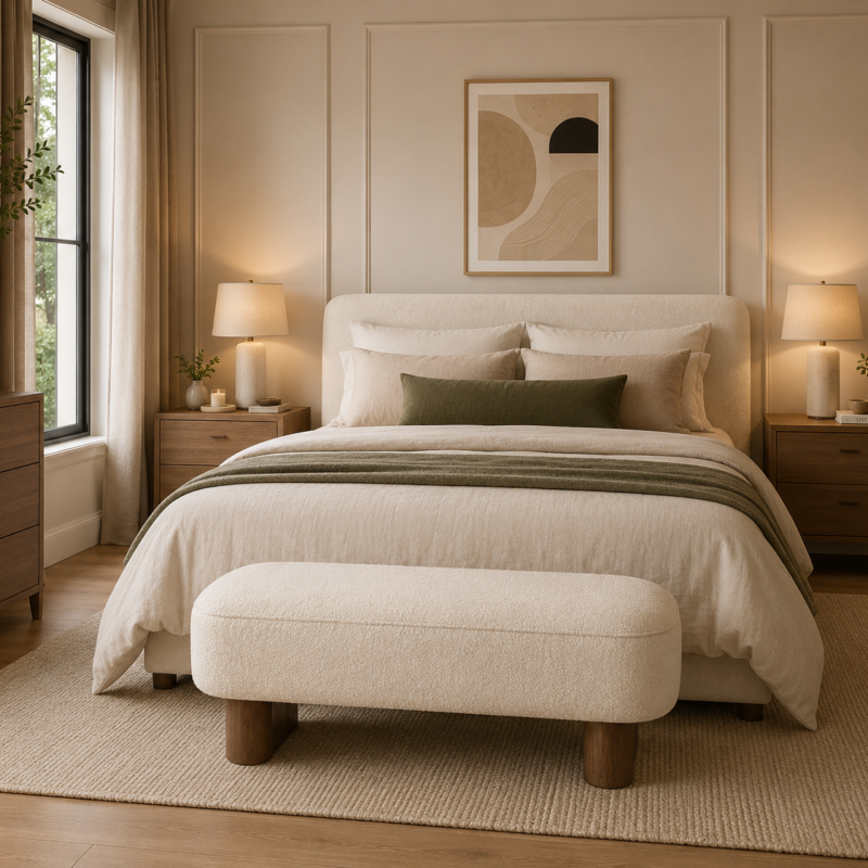 Preslay Upholstered Boucle Bench, premium end-of-bed and entryway seating by Bahoo Interior UAE.