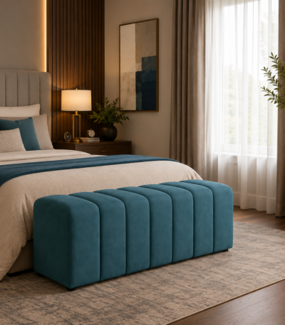 Serene Wave sculpted upholstered bench with hidden storage, modern luxury seating by Bahoo Interior UAE
