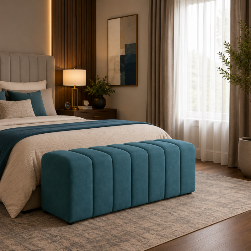 Serene Wave sculpted upholstered bench with hidden storage, modern luxury seating by Bahoo Interior UAE