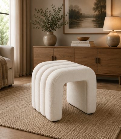 Arcus sculptural bouclé ottoman in cream white, modern minimalist footstool for luxury UAE home interiors