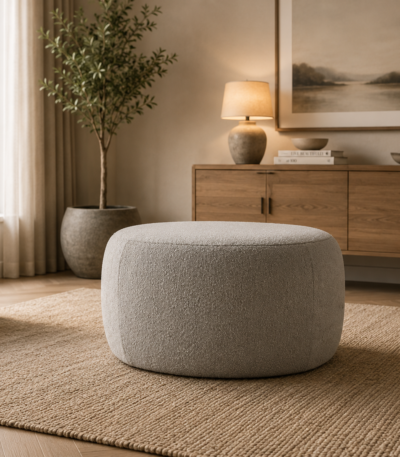 Nura Minimalist Round Pouf - modern circular footstool for contemporary UAE home interiors by Bahoo Interior