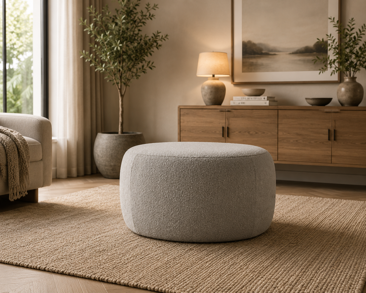 ChatGPT Image Jul 6, 2026, 06_03_53 AM Nura Minimalist Round Pouf - modern circular footstool for contemporary UAE home interiors by Bahoo Interior