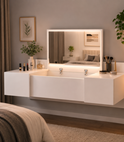 Modern white dressing table featuring a large mirror and integrated side storage shelves.