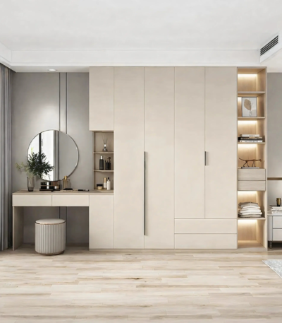 Nordic Master full-wall wardrobe system with integrated dressing vanity by Bahoo Interior UAE