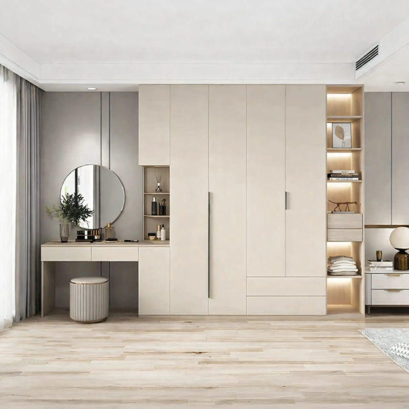 Nordic Master full-wall wardrobe system with integrated dressing vanity by Bahoo Interior UAE