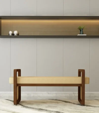 Drusilla Rattan Accent Wooden Bench with premium upholstered cushion, elegant seating for UAE homes.