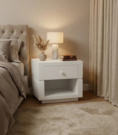 Bahoo Elis Bedside Table – Modern White Nightstand with Drawer & Open Shelf
