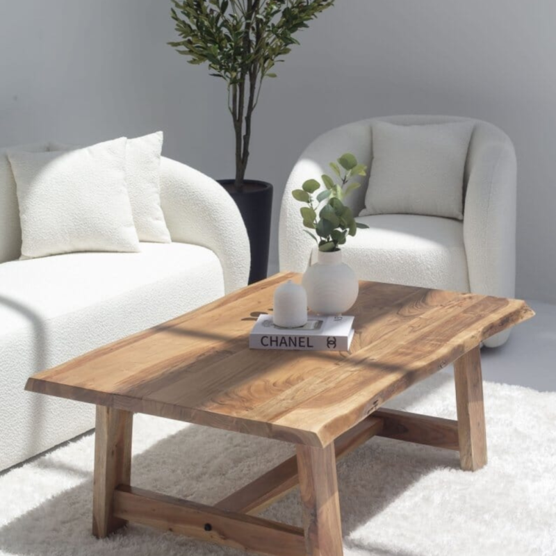 Euphemia Modern Live Edge Acacia Coffee Table with Open Storage Base
