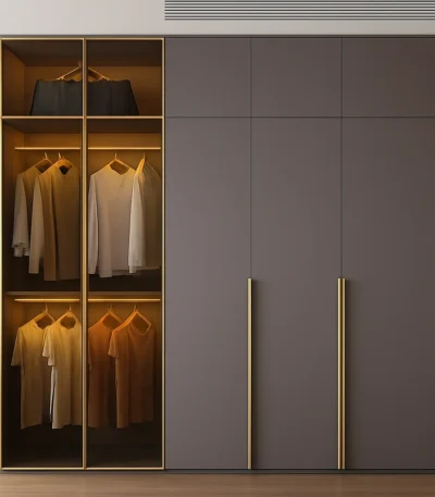 Bahoo Fujoi modular multi-zonal wardrobe system with integrated LED lighting.