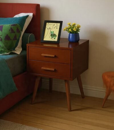 Iris Mid-Century Modern Bedside Table - 2-Drawer wooden nightstand for bedroom furniture in UAE