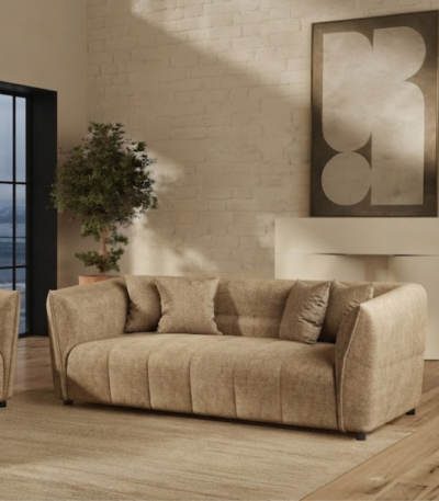Modern 3-seater sofa in neutral fabric, displayed in a living room setting