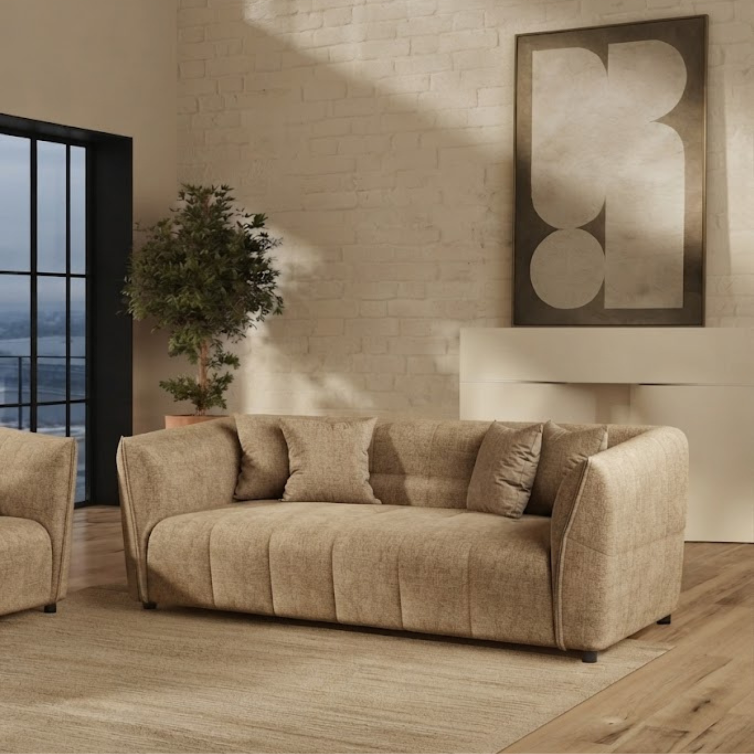 JYP (11) Modern 3-seater sofa in neutral fabric, displayed in a living room setting
