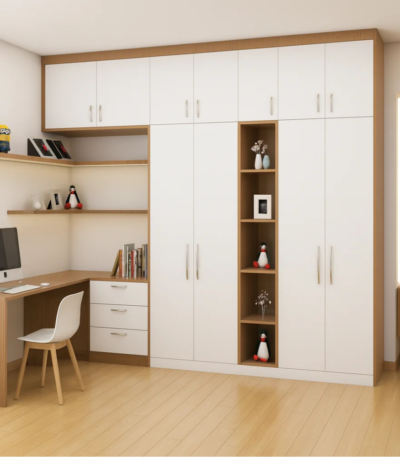 Bahoo Kirova custom built-in wardrobe and integrated study desk suite for modern UAE bedroom interiors.