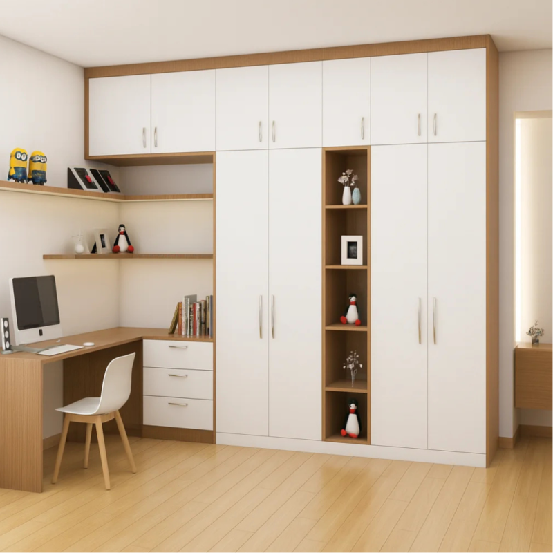 Bahoo Kirova custom built-in wardrobe and integrated study desk suite for modern UAE bedroom interiors.