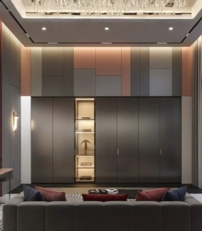 Linea Gliss Minimalist Master Wardrobe with integrated handles and LED accent lighting by Bahoo Interior UAE.