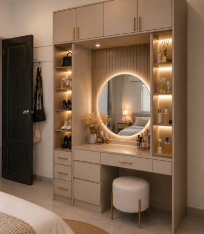 Bahoo Luna Luxe Grand All-in-One Vanity & Wardrobe Unit with Backlit LED Mirror for modern bedroom storage.