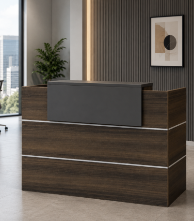 Modern Executive Walnut Reception Desk with Aluminum Accent Strips