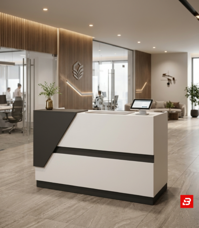 Modern Minimalist Executive Reception Desk White and Charcoal Accent