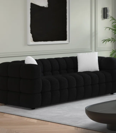 Luna modern black bouclé 2 seater sofa with channel tufted design by Bahoo Interior UAE
