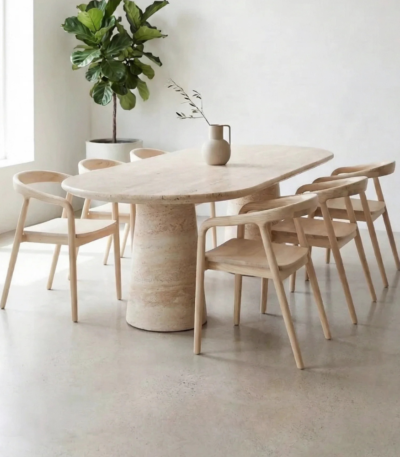 Bahoo Dolce Travertine-Finish Concrete Dining Table – Minimalist Oval Pedestal Design