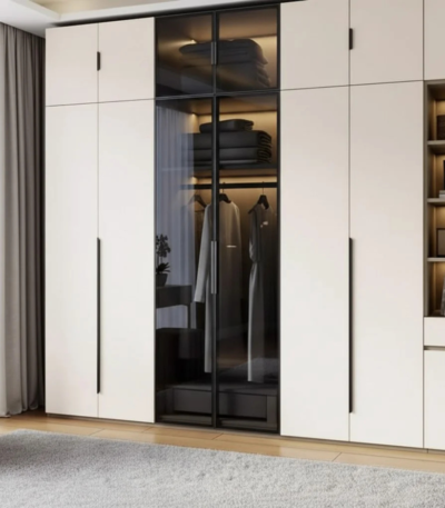 Bahoo Nordic Crest Modular Sliding Wardrobe with overhead cabinets and side shelving.