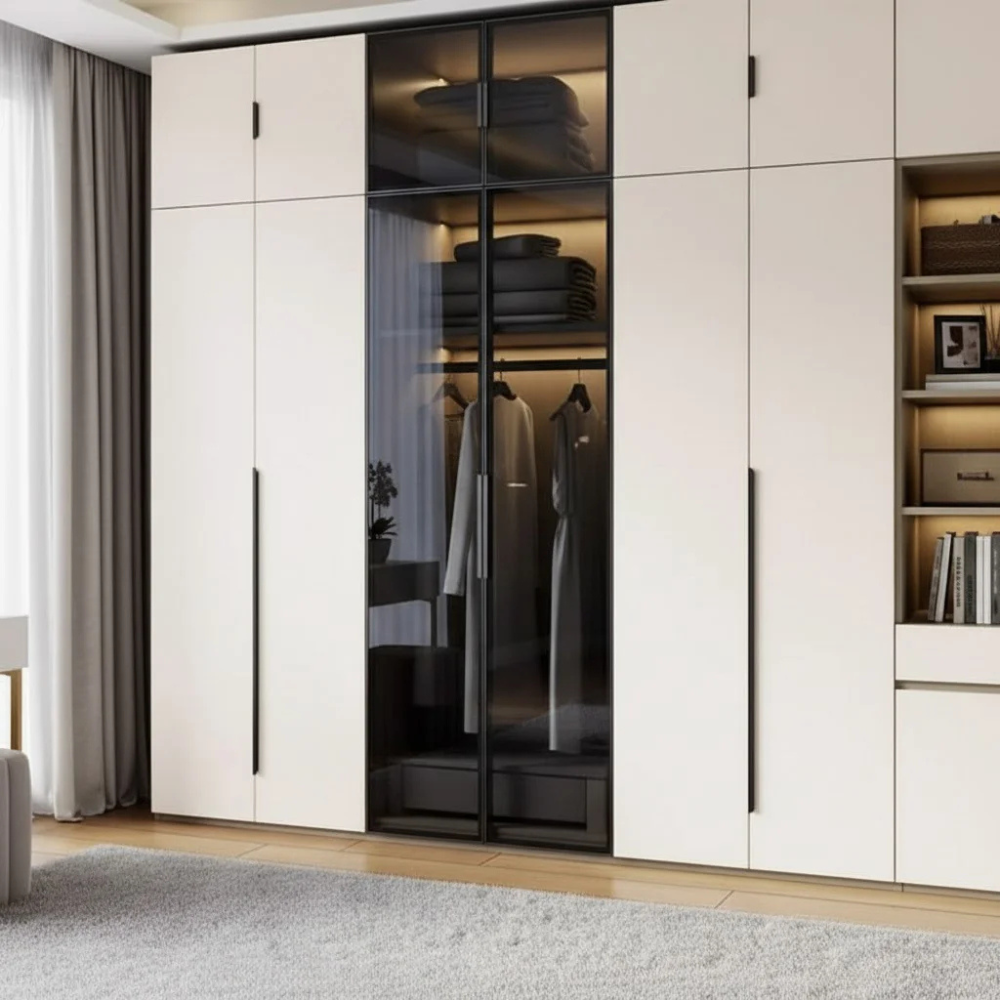 Bahoo Nordic Crest Modular Sliding Wardrobe with overhead cabinets and side shelving.
