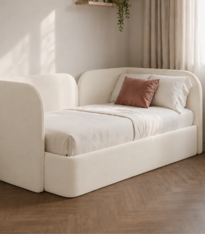 Bahoo Ornis Velvet Rounded Upholstered Kids Bed – Off-White