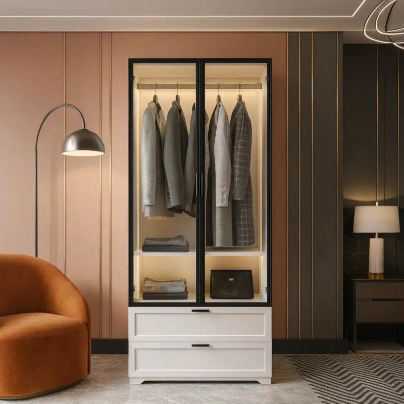 Bahoo Ramal Lumina 2-Door Tempered Glass Wardrobe with Intelligent Tri-Color LED Lighting System