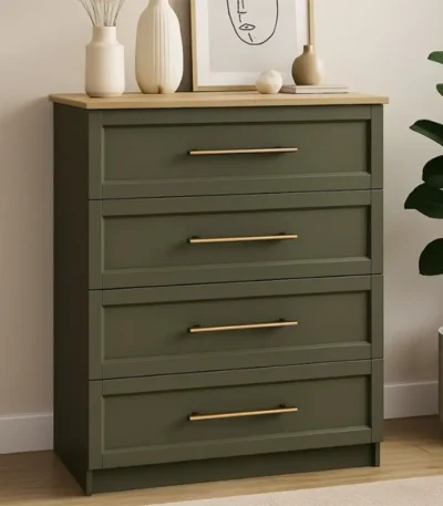 Saga 4-Drawer Accent Chest in Olive and Natural Wood finish for modern home interiors in UAE.