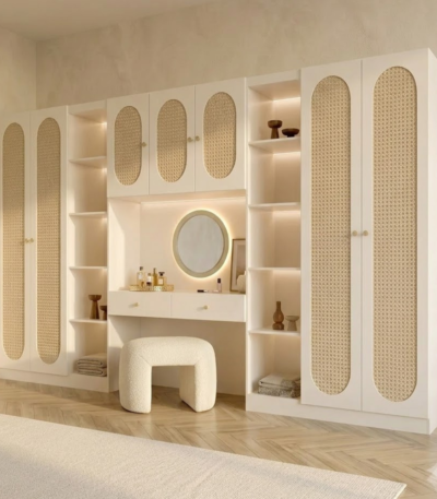 Serena Crafted Rattan & Dressing Table Combination Full-Wall Wardrobe by Bahoo Interior UAE