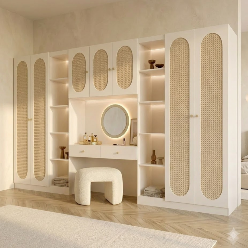 Serena Crafted Rattan & Dressing Table Combination Full-Wall Wardrobe by Bahoo Interior UAE