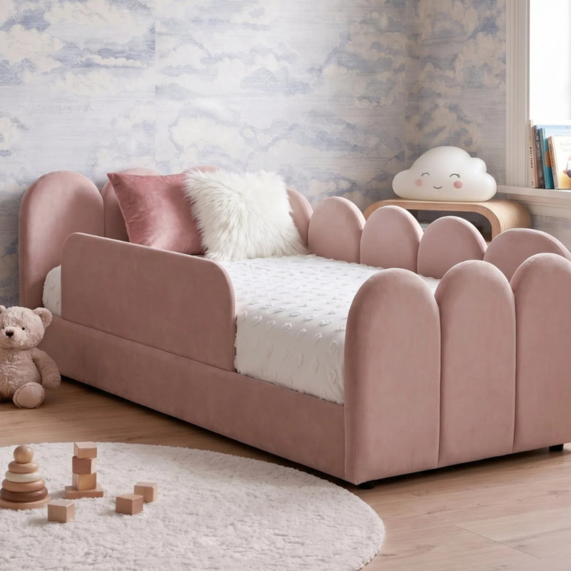 Bahoo Telo Kids Premium Velvet Toddler Bed – Soft Scalloped Headboard