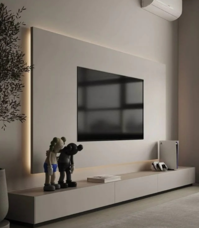 Modern Nova wall mounted TV unit with floating cabinet for luxury living rooms in Dubai UAE