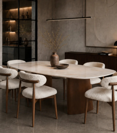 Bahoo Veloura Ice Jade Engineered Marble Dining Table with Sculptural Wood Pedestal Base
