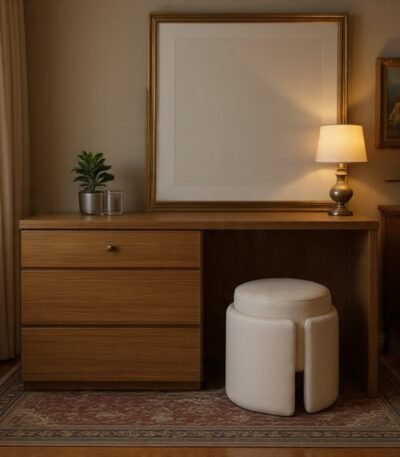 Oaklyn minimalist oak veneer vanity set with mirror and 3 drawers, modern dressing table by Bahoo Interior UAE