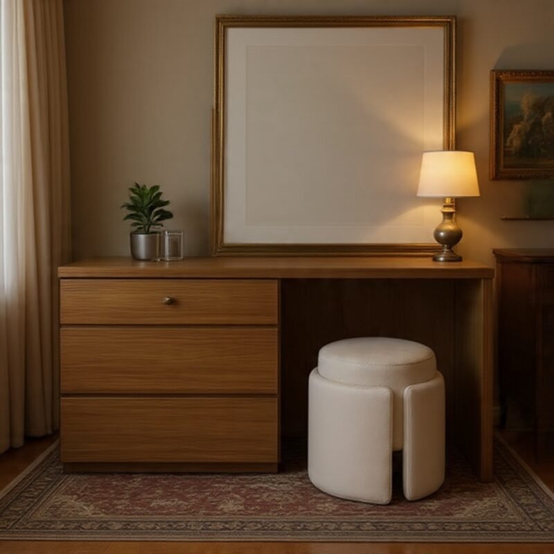 Oaklyn minimalist oak veneer vanity set with mirror and 3 drawers, modern dressing table by Bahoo Interior UAE
