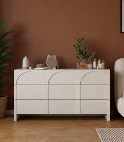 Regina 9-Drawer Nordic Arch Dresser with minimalist wood finish for modern bedroom storage - Bahoo Interior